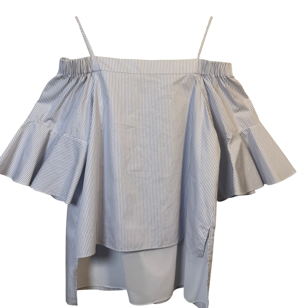 Prose & Poetry‎ Womens Top Large L Blue Striped Off Shoulder Flounce Sleeve